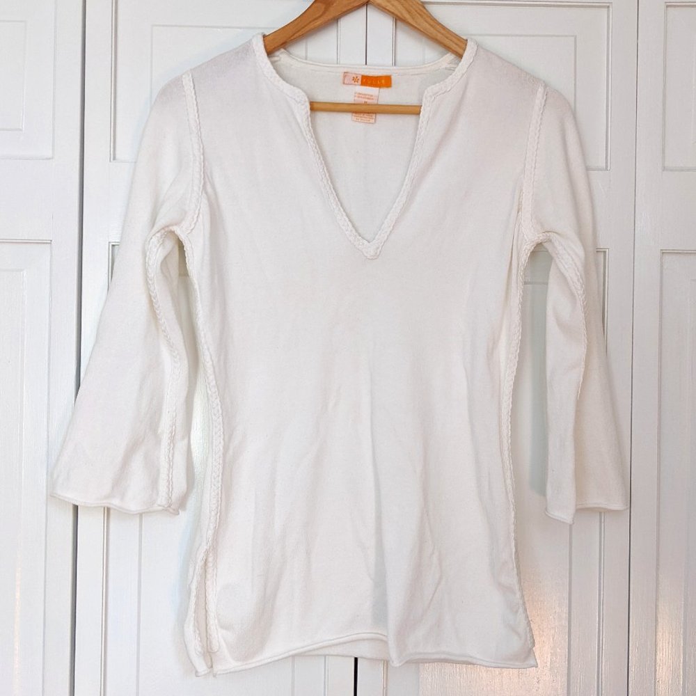 Tulle 3/4 Sleeve V-neck Sweater in White, Size M